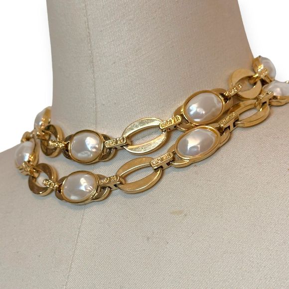 Vintage ST. JOHN Faux Pearl Inlay Gold Convertible Belt / Necklace